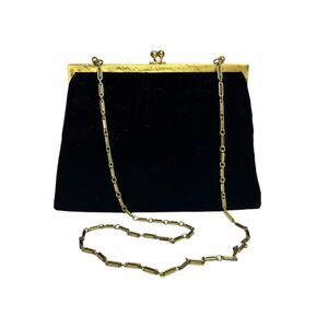 Vintage MM Morris Moskowitz Black Velvet Clutch Bag Gold Chain Strap